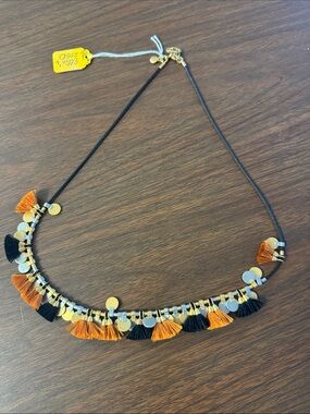 Tassel Accent Women's Necklace in Black & Orange with Gold Discs
